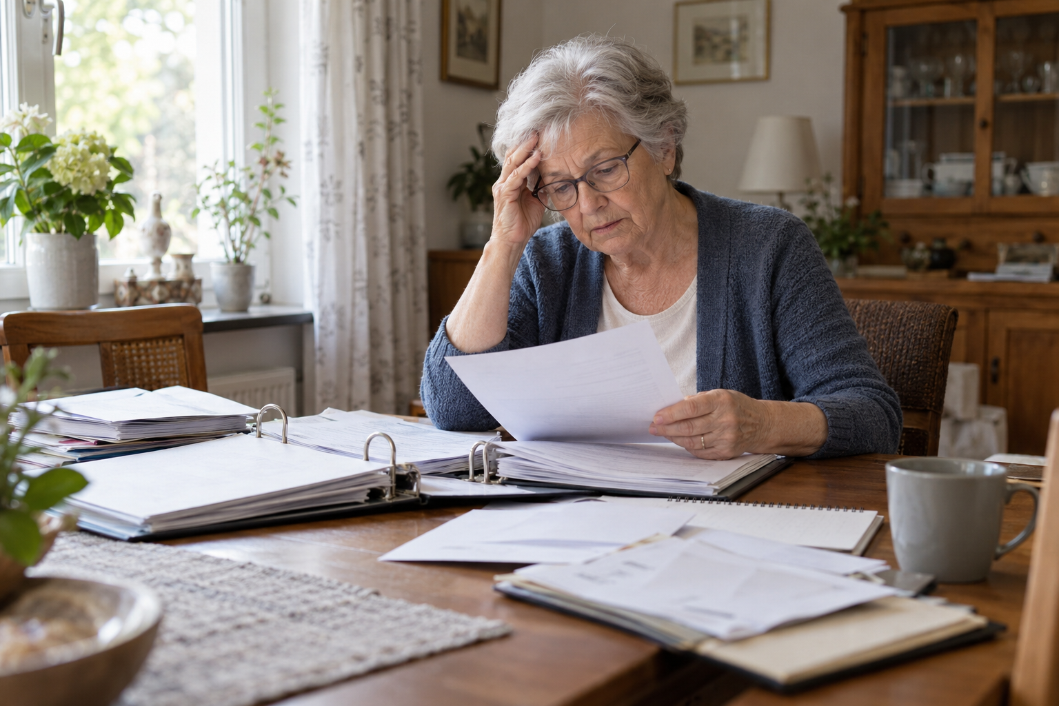 Eine Seniorin sitzt ratlos vor Briefen und geöffneten Aktenordnern am heimischen Tisch