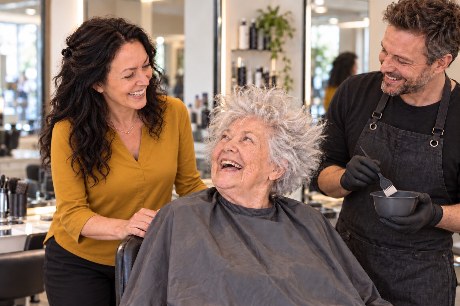 Beispielszene: Ihre Lebenshelferin und eine ältere Dame lachen gemeinsam beim Friseur, der Pinsel und Farbschale bereithält