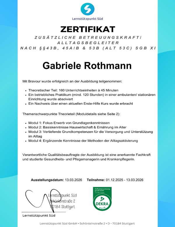 Originalzertifikat der Ausbildung zur zusätzlichen Betreuungskraft und Alltagsbegleiterin