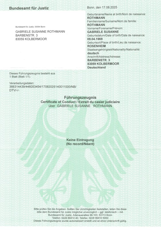 Führungszeugnis – Originalnachweis